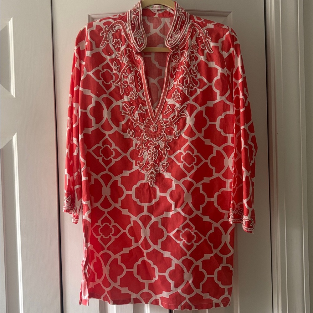 Barbara Gerwit Elegant Orange/pink and White Embroidered Tunic